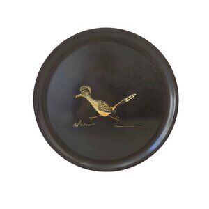 Couroc 60s Round Black Tray Hand Inlaid Wood Roadrunner Design Diameter 10.5 Inc